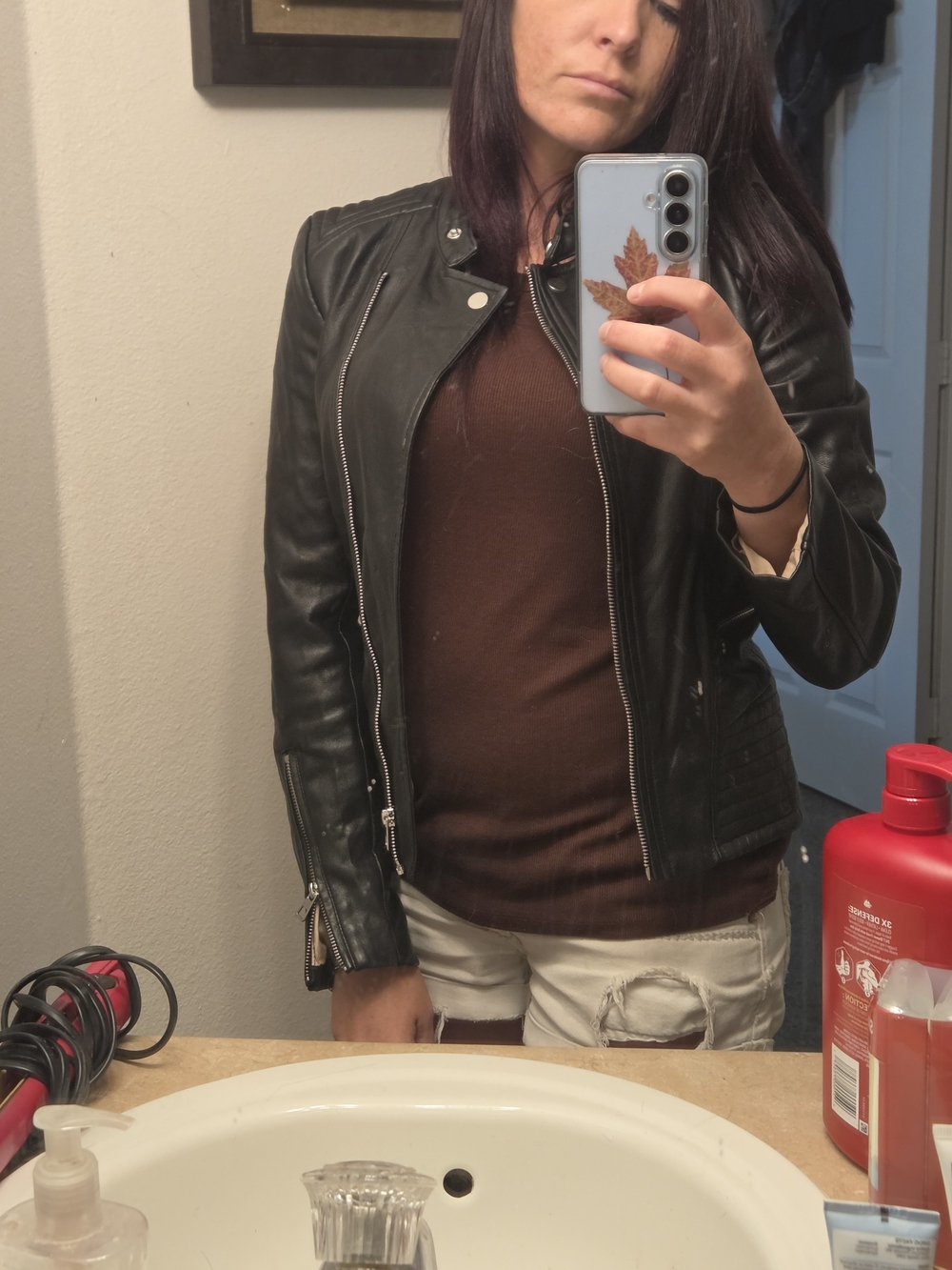 H&M Black Leather Moto Jacket with Zip Details